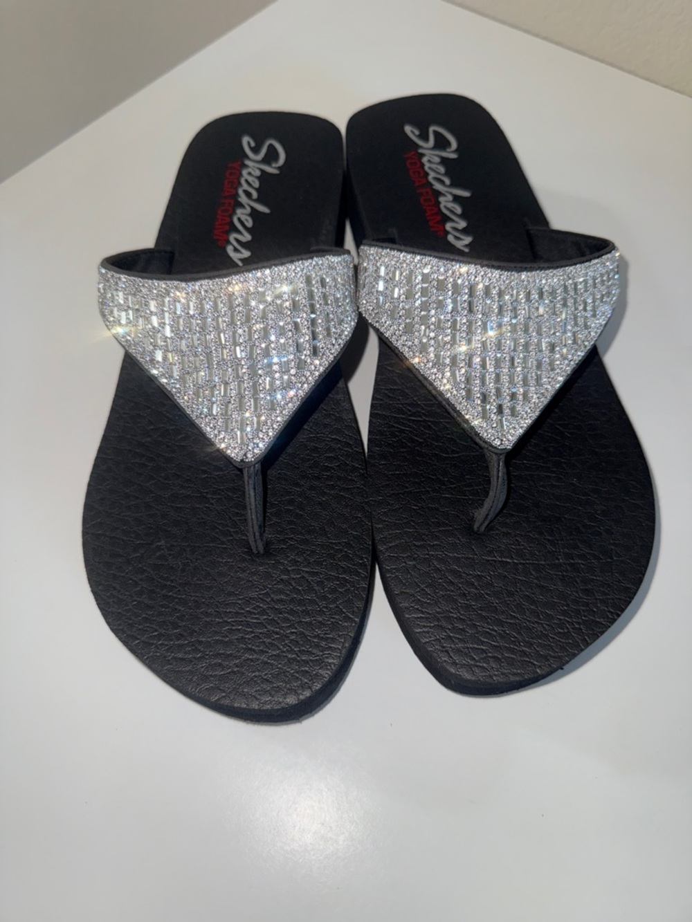 Skechers Women's Black Sandals with Silver Rhinestone Upper